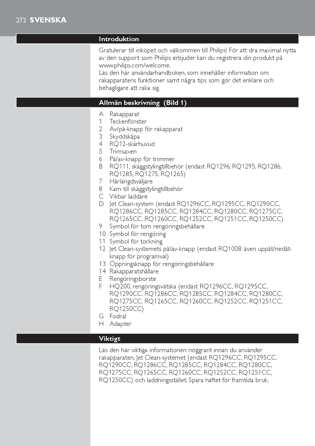 Philips RQ1200 user manual Allmän beskrivning Bild 1, Viktigt 